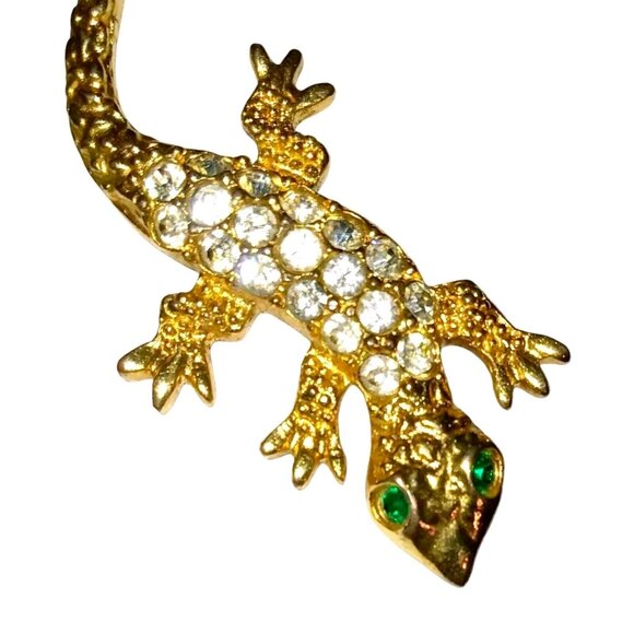 Vintage Gold Tone Lizard Brooch Pave Green White Rhinestones Textured Reptile - Picture 4 of 9
